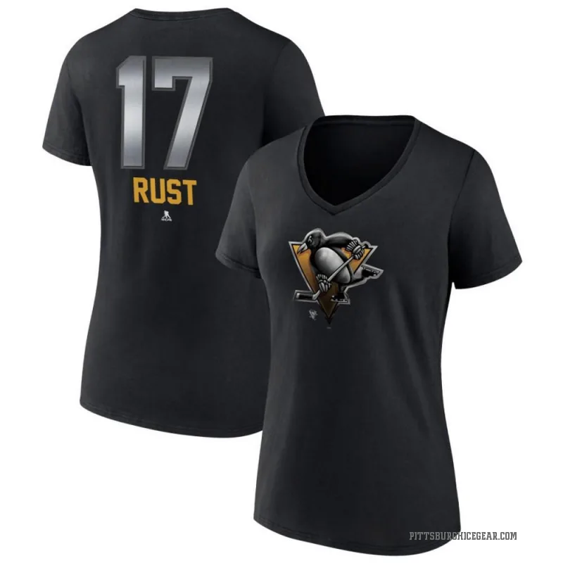 Bryan Rust Women's Black Pittsburgh Penguins Midnight Mascot Logo V-Neck T-Shirt