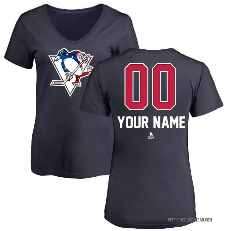 Custom Women's Navy Pittsburgh Penguins Name and Number Banner Wave V-Neck T-Shirt -