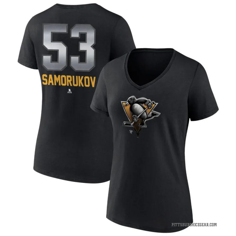 Dmitri Samorukov Women's Black Pittsburgh Penguins Midnight Mascot Logo V-Neck T-Shirt