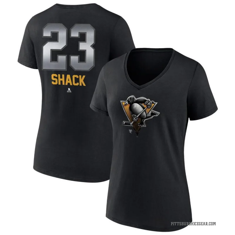 Eddie Shack Women's Black Pittsburgh Penguins Midnight Mascot Logo V-Neck T-Shirt