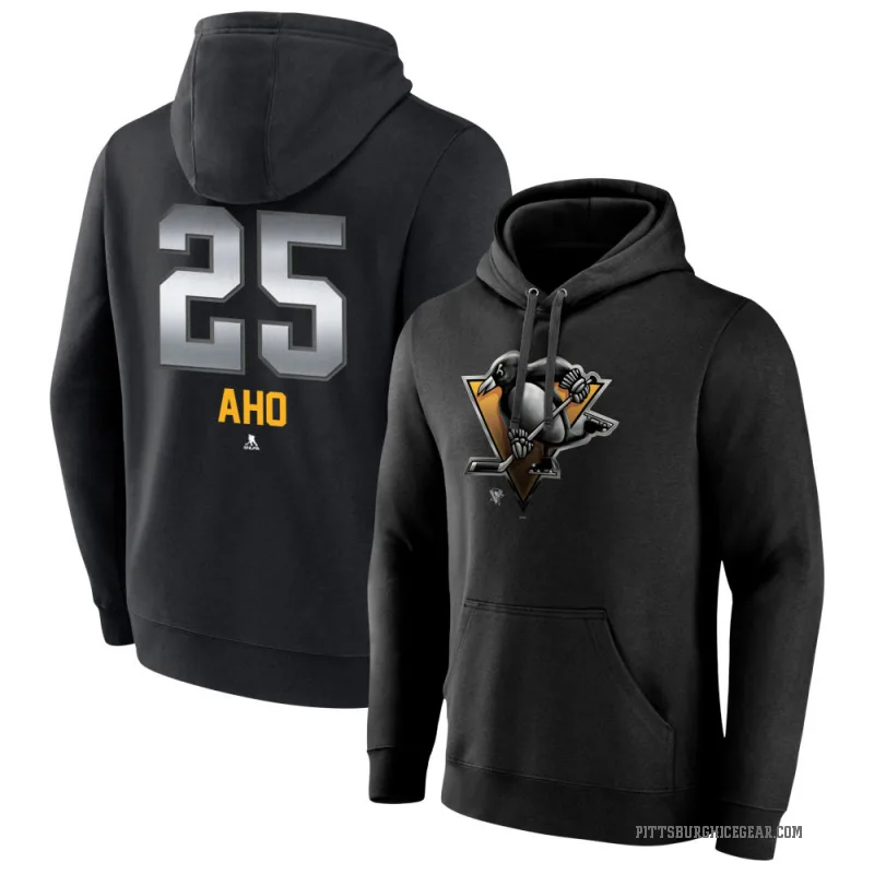 Sebastian Aho Men's Black Pittsburgh Penguins Branded Midnight Mascot Logo Pullover Hoodie